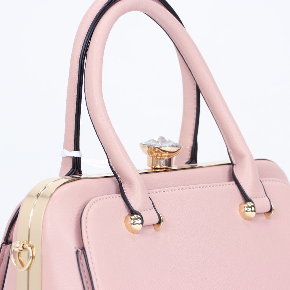 Pink Faux Leather Purse Diamond Snap Closure Doctor Satchel Tote Hand Bag - Picture 3 of 13